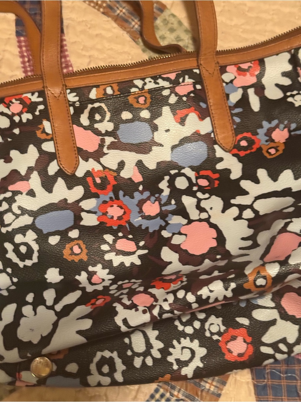 Fossil Black Floral Tote with Pink, Blue and Tan Accents